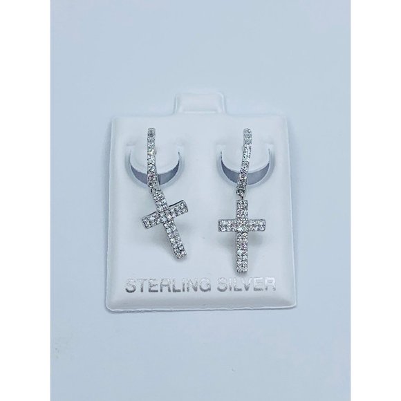 ❤️ 925 Sterling Silver Earrings men girl women huggies hoops with dangling cross